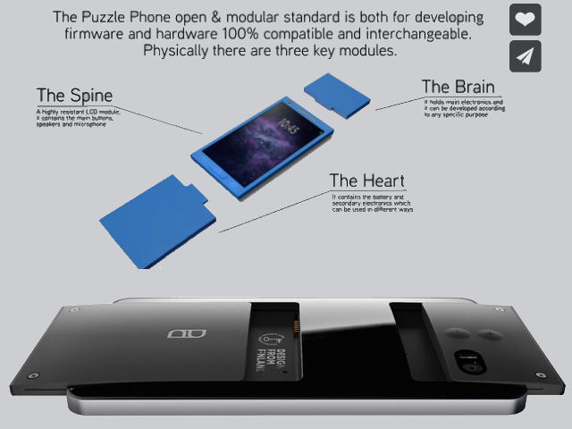 The PuzzlePhone modular smartphone is made up of three components.