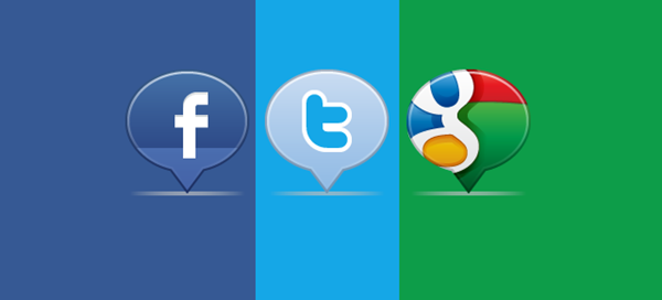 Facebook, Twitter and Google logos. 