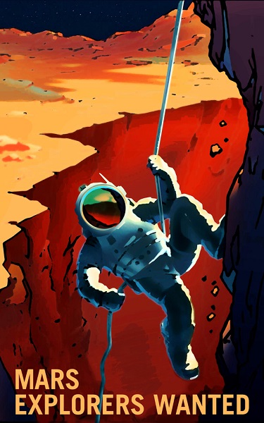Astronaut descending into  Martian crater
